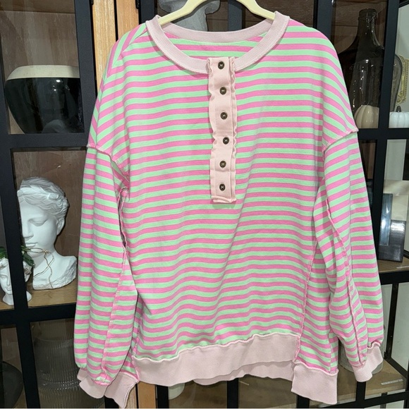 Free People henley sweatshirt terry raglan inside out pullover stripes mint top - Picture 1 of 7